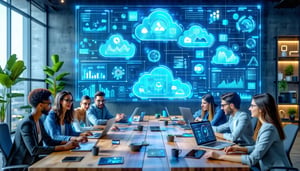 The image depicts a modern sleek office environment filled with professionals engaged in collaborative work At the center a large screen displays a colorful but bluethemed dynamic chart depicting cloud connectivity statistics with various cloud provi